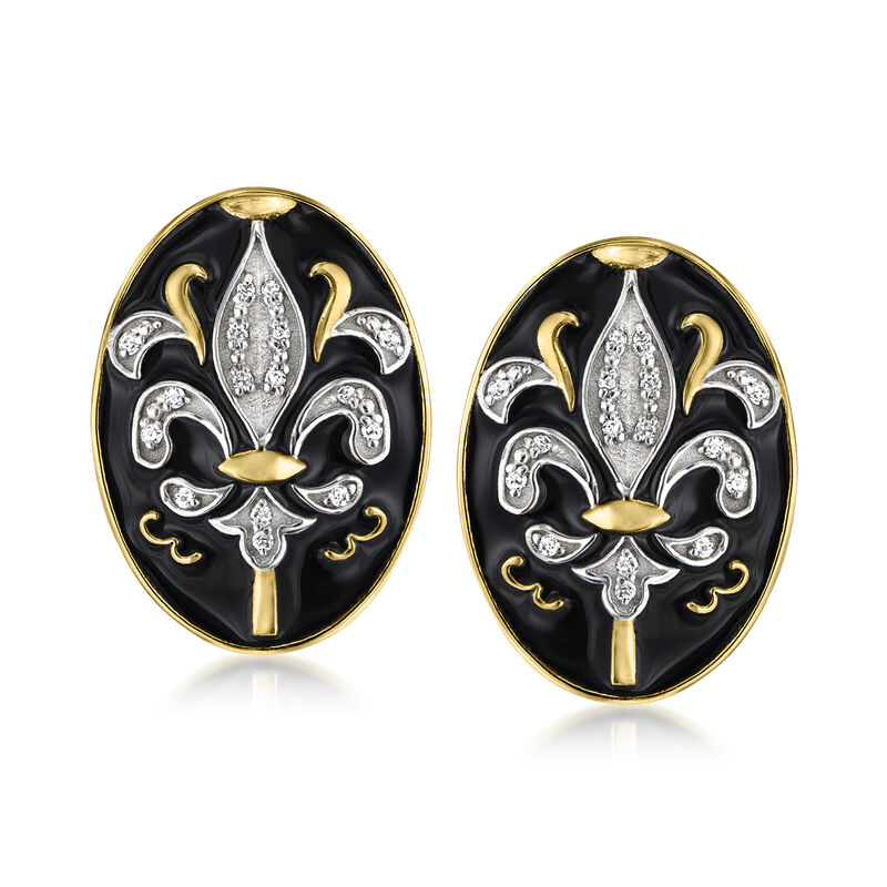 .16 ct. t.w. Diamond and Black Enamel Fleur-De-Lis Drop Earrings in 18kt Gold Over Sterling image number 0