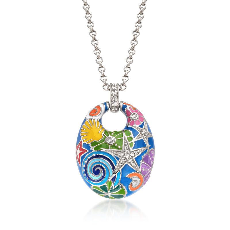 Belle Etoile &quot;Starfish&quot; Blue and Multicolored Enamel Pendant with CZs in Sterling Silver image number 1