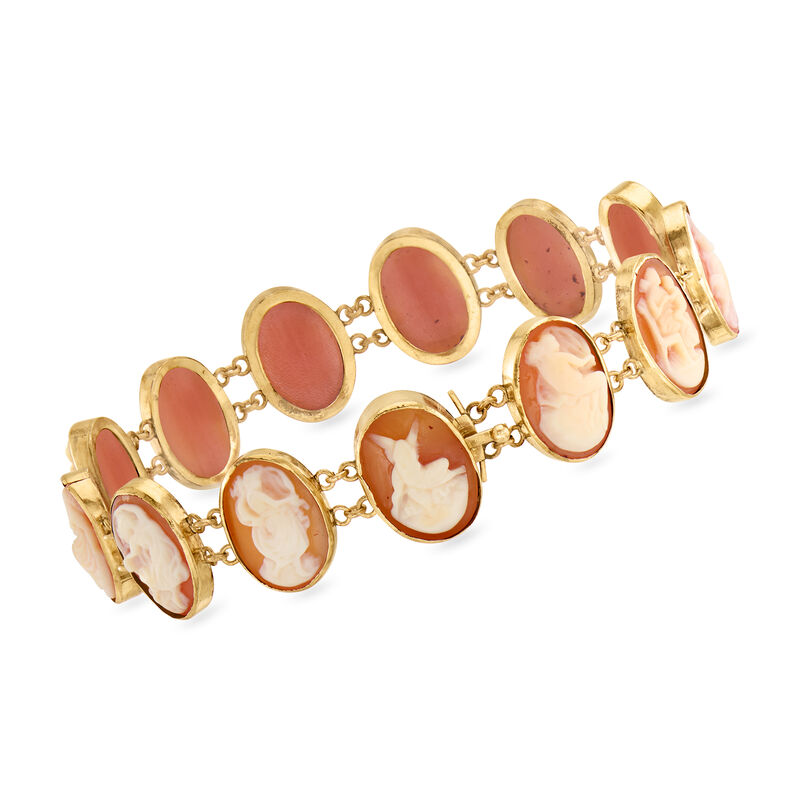 C. 1950 Vintage Brown Shell Cameo Bracelet in 10kt Yellow Gold. 7" image number 2