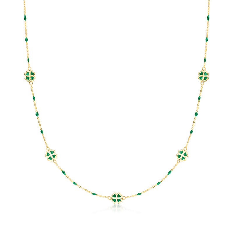 Italian Green Enamel Clover Station Necklace in 14kt Yellow Gold. 18&quot; image number 1