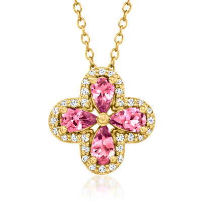 .90 ct. t.w. Pink Tourmaline and .30 ct. t.w. White Zircon Floral Pendant Necklace in 18kt Gold Over Sterling