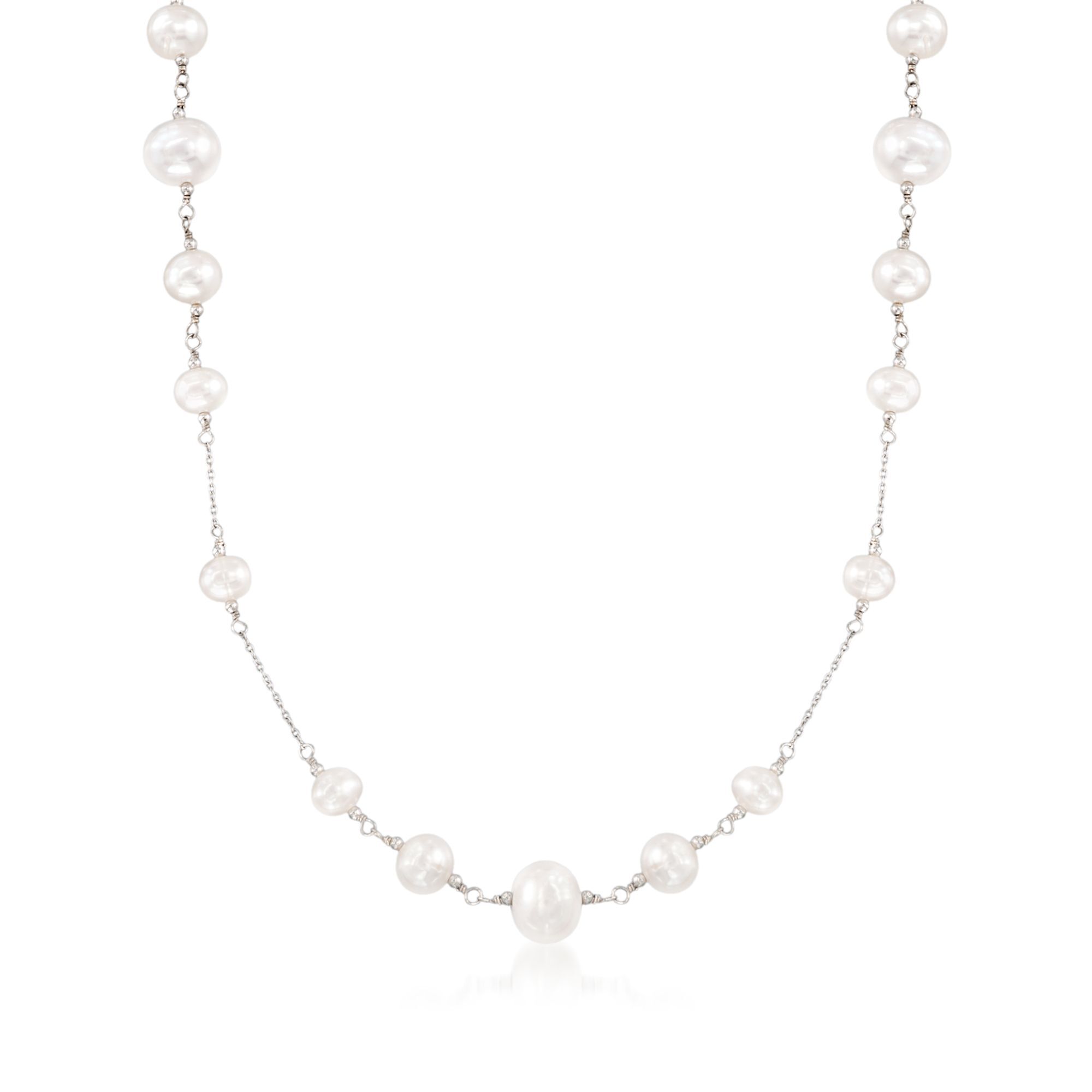 ★ROSEMONT★ SILVER Pearl Necklace RC0329 6-10mm Cultured Pearl Station Necklace in Sterling Silver