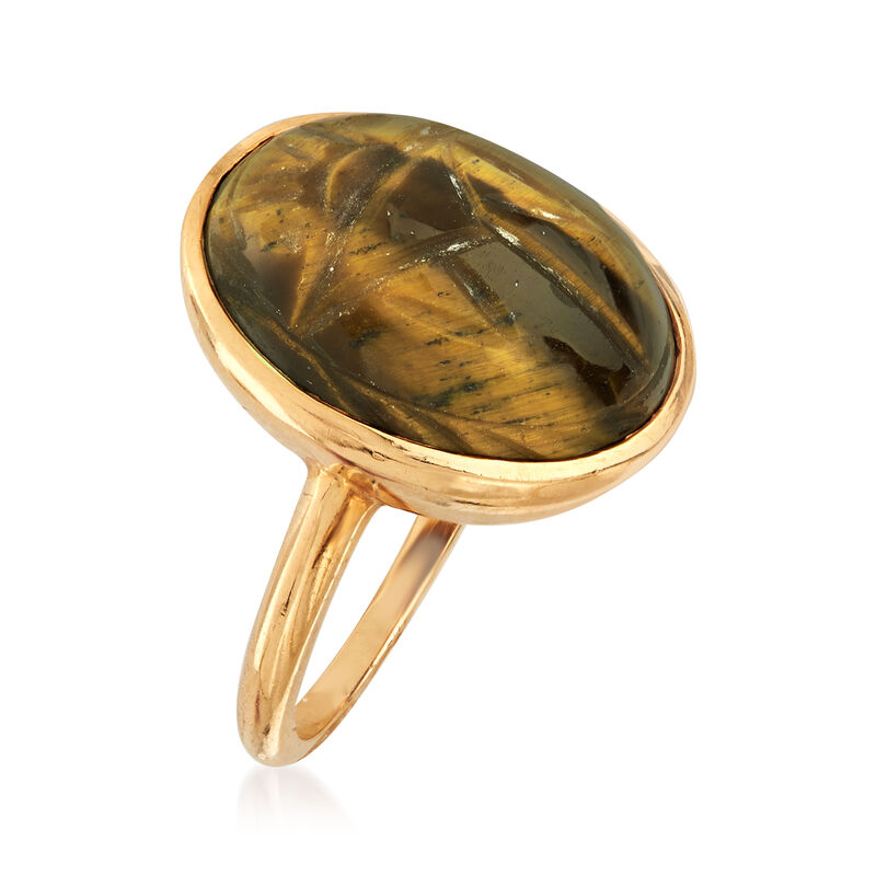 C. 1970 Vintage Tiger's Eye Scarab Ring in 14kt Yellow Gold image number 2