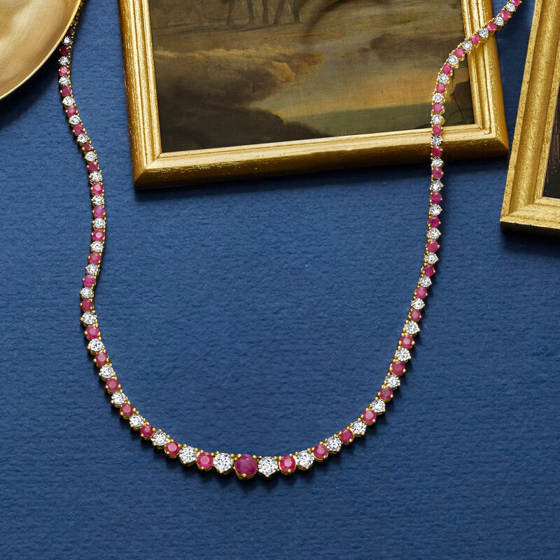 9.00 ct. t.w. Ruby and 1.50 ct. t.w. Diamond Tennis Necklace in 18kt Gold Over Sterling image number 2