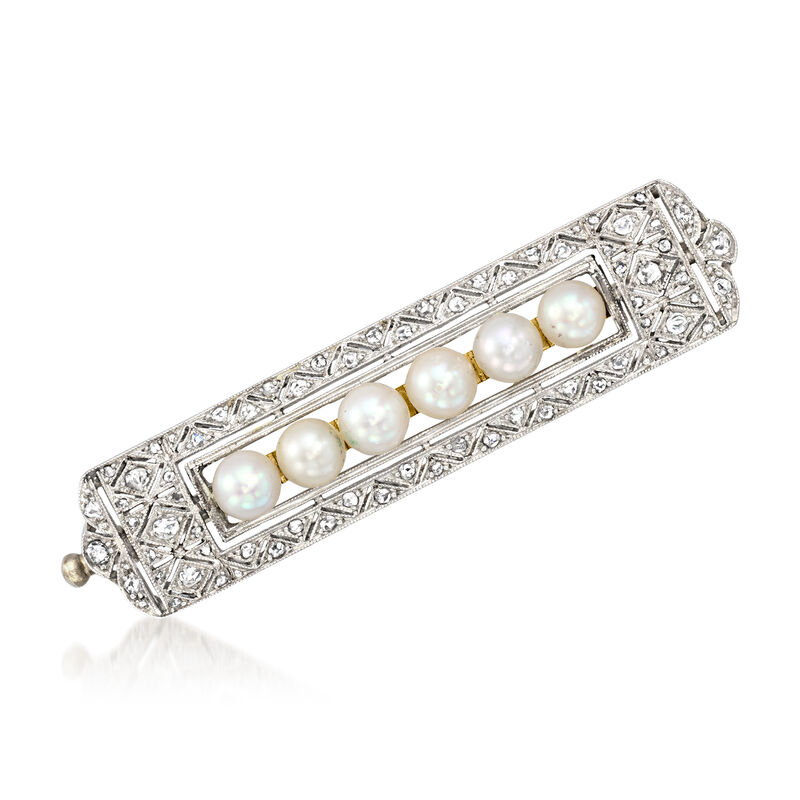C. 1930 Vintage 4mm Cultured Pearl and .50 ct. t.w. Diamond Pin in Platinum and 14kt Yellow Gold  image number 0