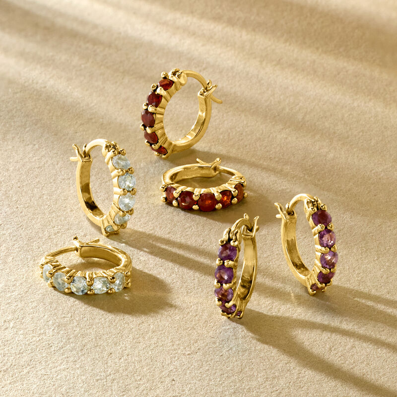 1.60 ct. t.w. Amethyst, Garnet and Blue Topaz Jewelry Set: Three Pairs of Huggie Hoop Earrings in 18kt Gold Over Sterling. 1/2&quot; image number 4
