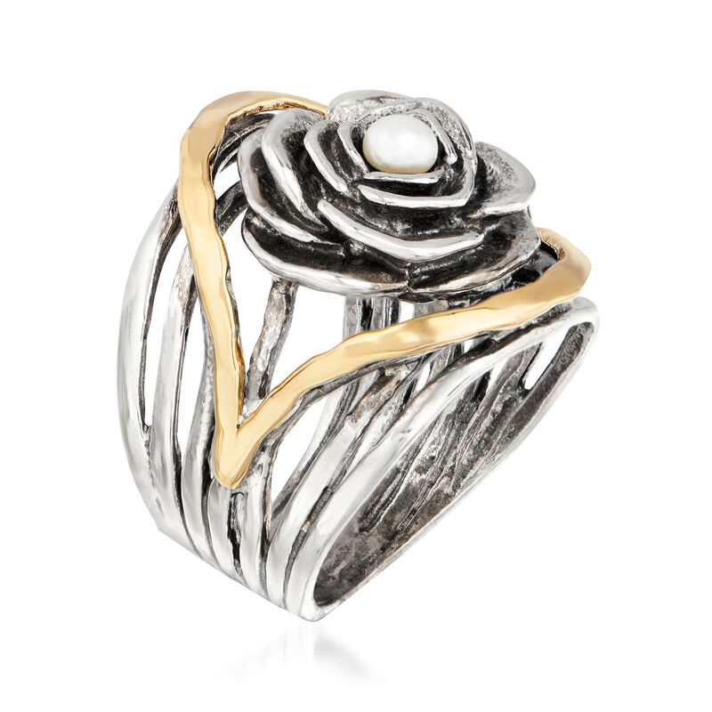 3.5-4mm Cultured Pearl Rose Ring in Sterling Silver with 14kt Yellow Gold image number 2