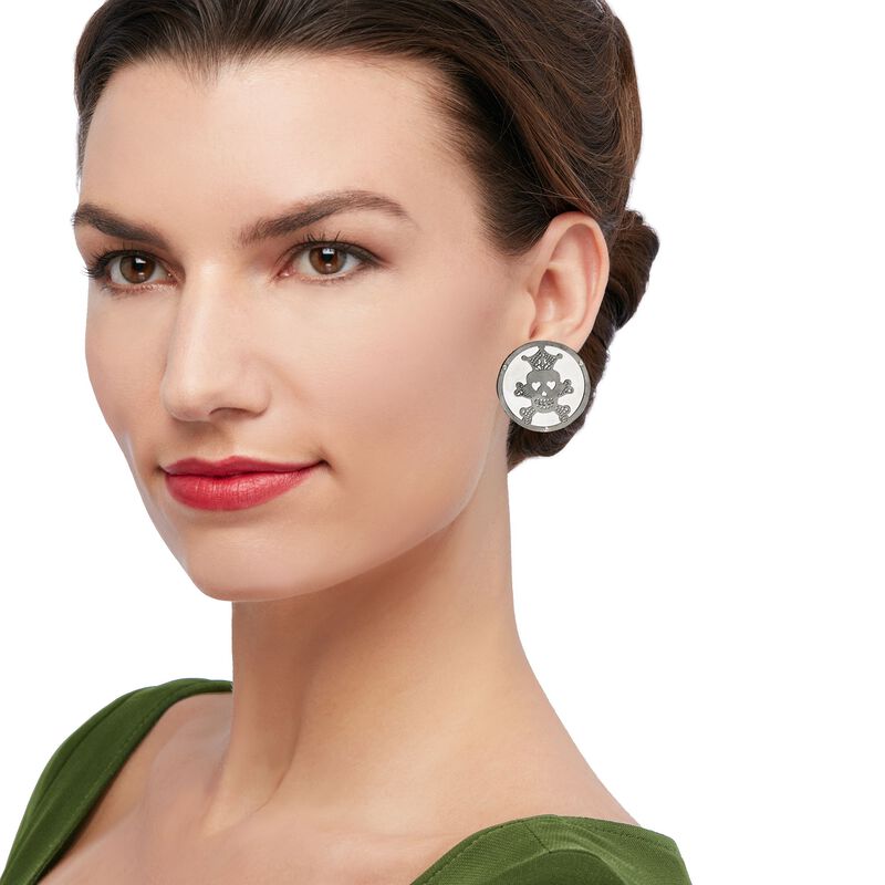 Italian Sterling Silver Skull and Crossbones Disc Earrings image number 1