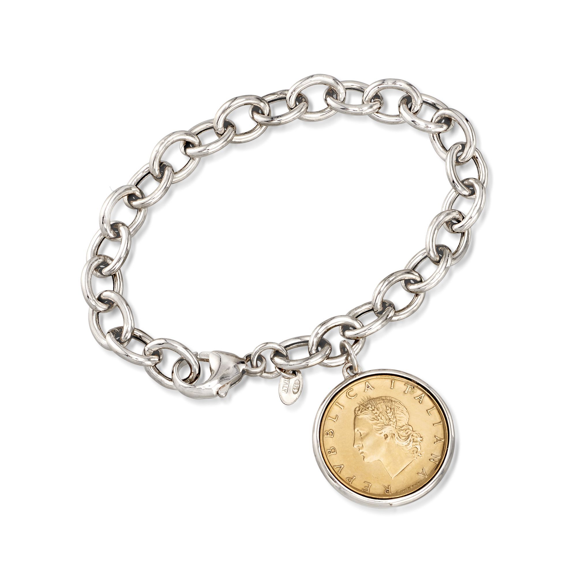 Italian Genuine 20-Lira Coin Charm Bracelet in Sterling Silver Italian Genuine 20-Lira Coin Charm Bracelet in Sterling Silver