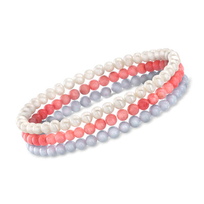 4-4.5mm Cultured Pearl, Blue Agate and Pink Coral Bead Jewelry Set: Three Stretch Bracelets