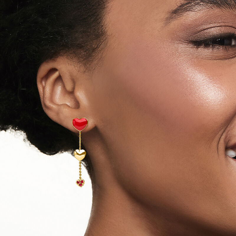 .20 ct. t.w. Ruby and Red Enamel Heart Drop Earrings in 18kt Gold Over Sterling  image number 1