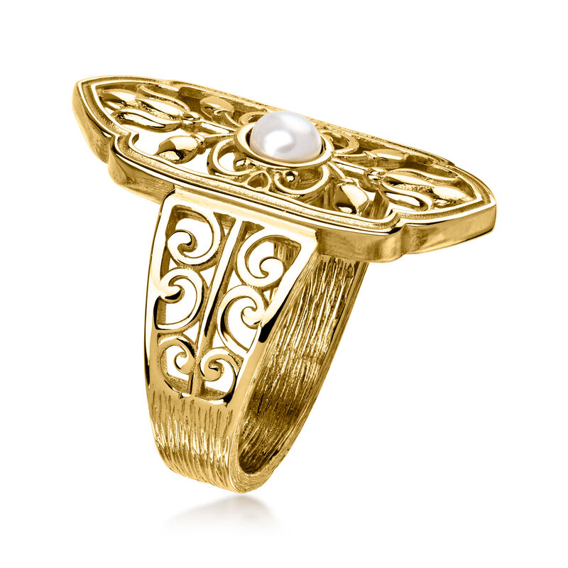 14kt Yellow Gold-Plated Floral Openwork Ring with 4mm Cultured Pearl image number 2
