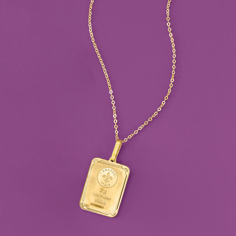 Italian 24kt Yellow Gold Fleur-De-Lis Two-Gram Ingot Pendant Necklace with 14kt Yellow Gold Frame image number 3