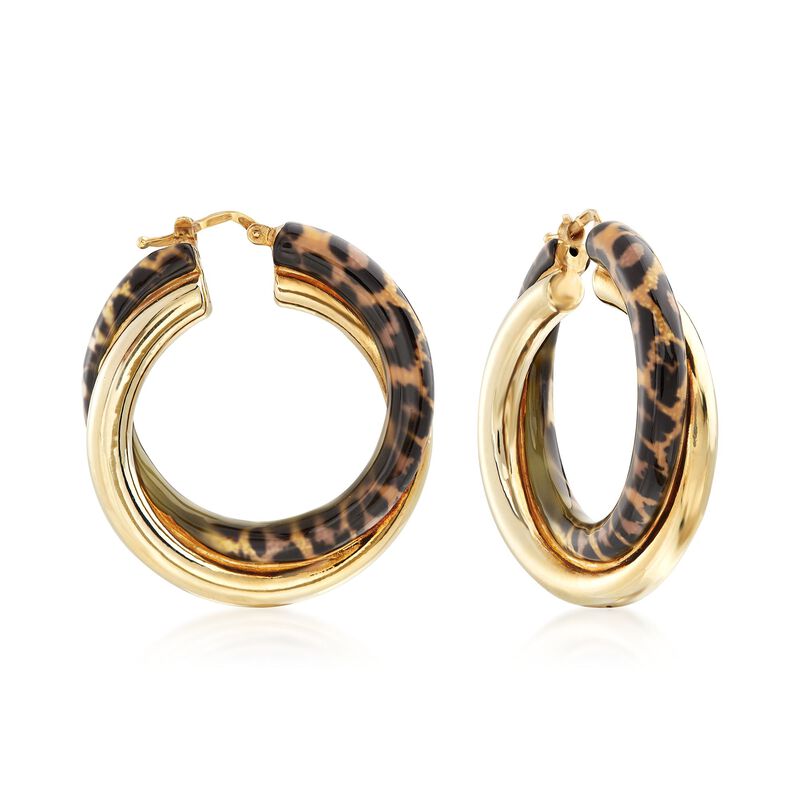 Italian Leopard Print Enamel and 18kt Gold Over Sterling Hoop Earrings image number 0