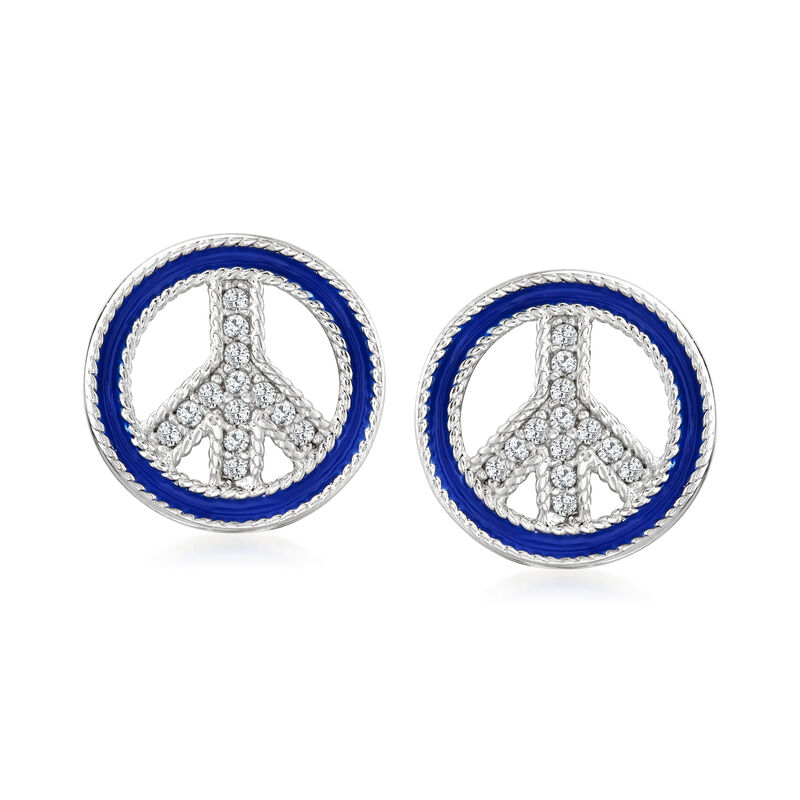 Blue Enamel and .10 ct. t.w. White Topaz Peace Sign Earrings in Sterling Silver image number 0