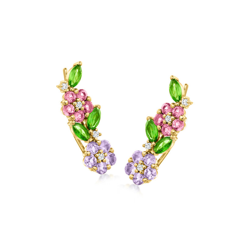 2.40 ct. t.w. Multi-Gemstone Flower Ear Climbers in 18kt Gold Over Sterling  image number 0