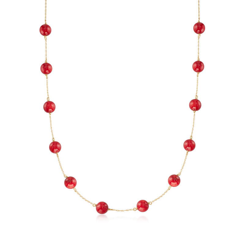8mm Red Coral Bead Station Necklace in 14kt Yellow Gold image number 0