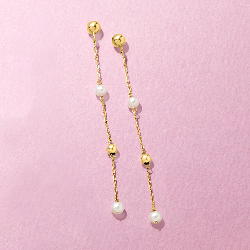 3-4mm Cultured Pearl and Bead Station Drop Earrings in 14kt Yellow Gold image number 2