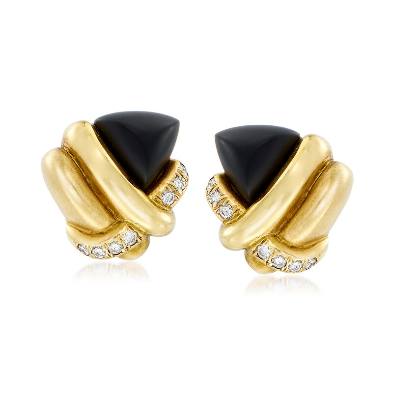 C. 1980 Vintage Black Onyx and .70 ct. t.w. Diamond Knot Clip Earrings in 18kt Yellow Gold image number 0
