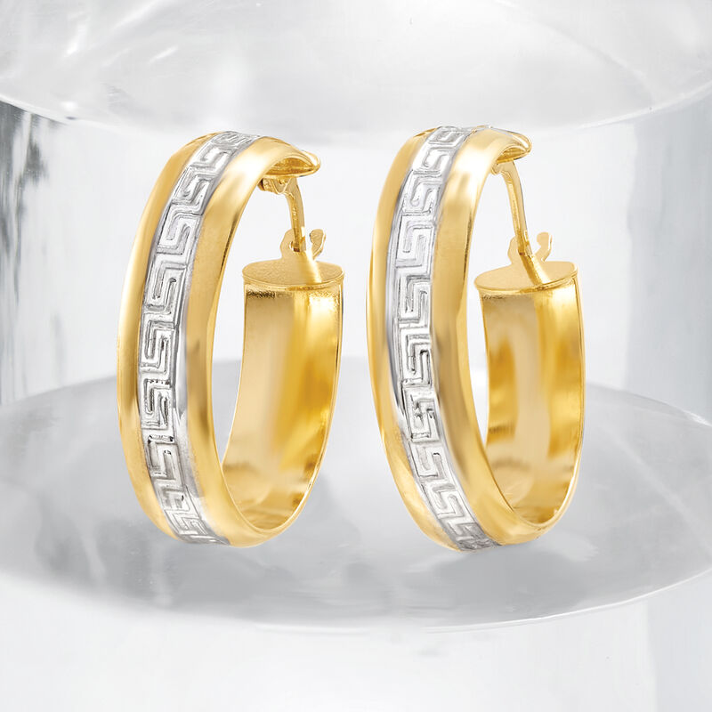 Italian 14kt Two-Tone Gold Greek Key Hoop Earrings. 7/8&quot;. image number 4