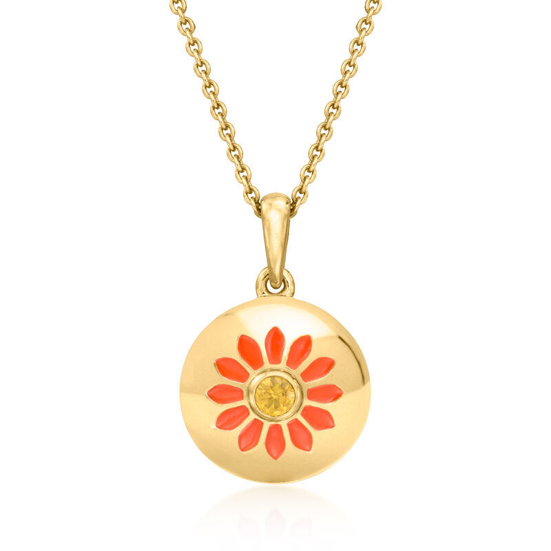 .10 Carat Yellow Sapphire and Orange Enamel Flower Pendant Necklace in 18kt Gold Over Sterling. 18" image number 1