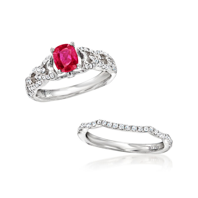 C. 2000 Vintage .80 Carat Ruby and .63 ct. t.w. Diamond Jewelry Set: Two Rings in 14kt White Gold. Size 6.5 image number 3