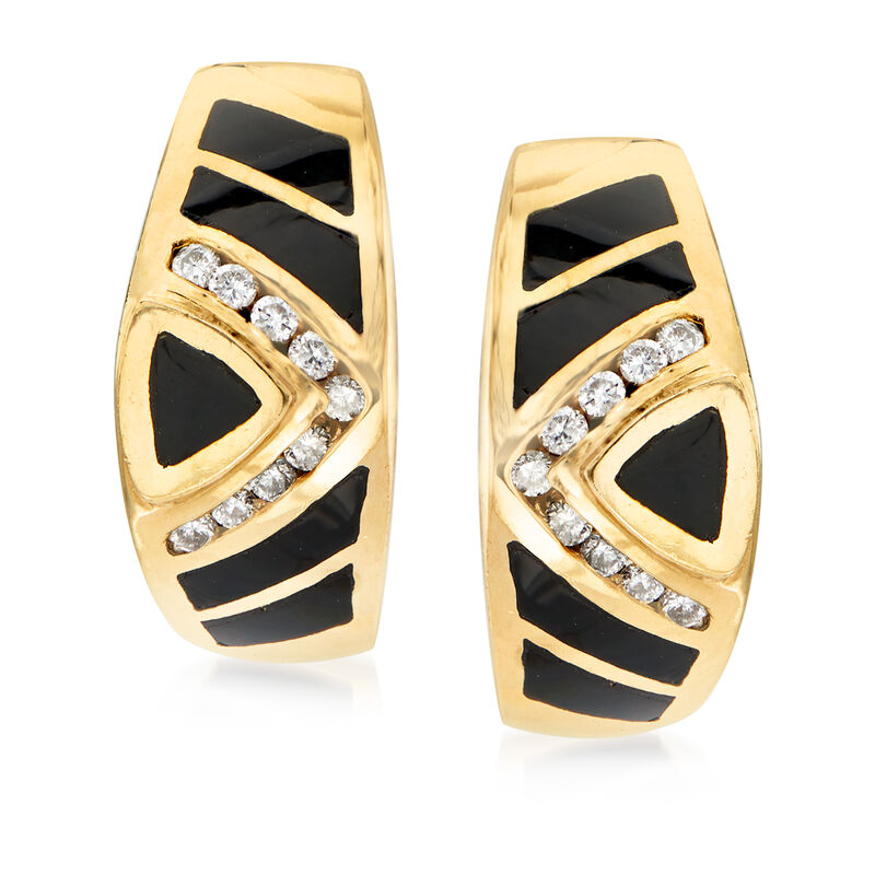 C. 1980 Vintage Black Onyx and .36 ct. t.w. Diamond Earrings in 14kt Yellow Gold image number 0