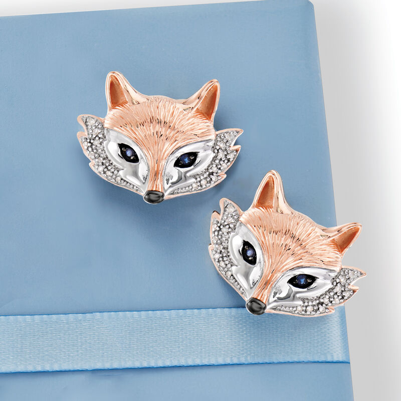 .10 ct. t.w. Sapphire and .10 ct. t.w. Diamond Fox Earrings in Sterling Silver and 18kt Rose Gold Over Sterling  image number 2