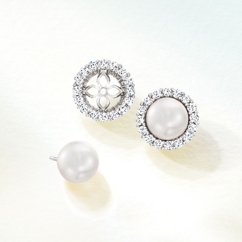 7.5mm Cultured Pearl and 1.10 ct. t.w. CZ Jewelry Set: Earrings and Earring Jackets in Sterling Silver image number 6