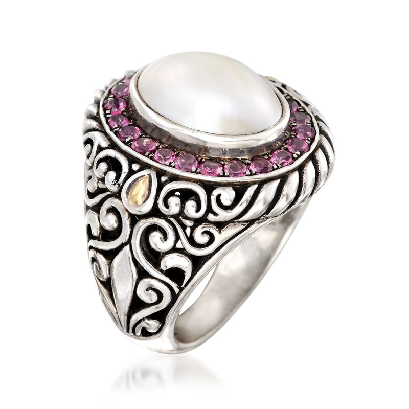 10-14mm Cultured Mabe Pearl Balinese Ring with 1.10 ct. t.w. Rhodolite Garnets in Sterling Silver and 18kt Gold. Size 9 image number 2
