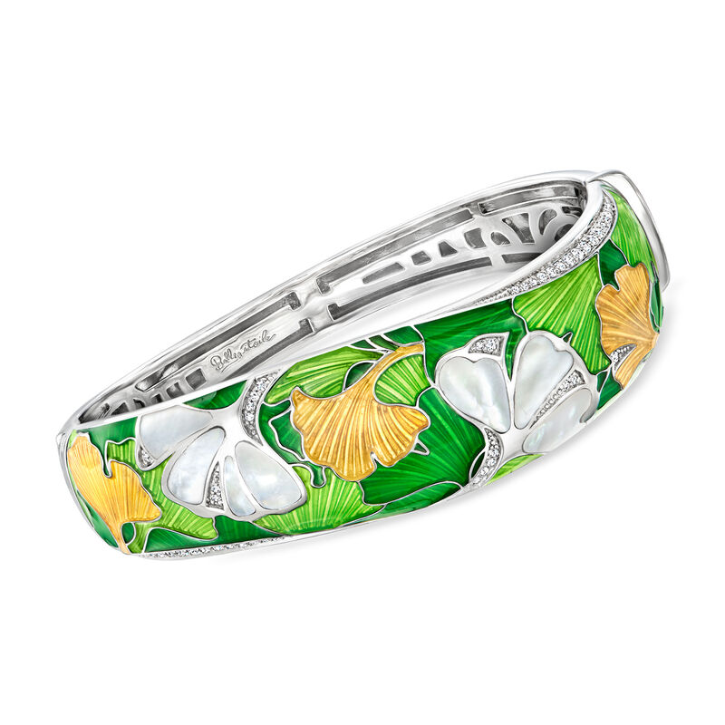 Belle Etoile &quot;Gingko&quot; Mother-of-Pearl and .20 ct. t.w. CZ Bangle Bracelet with Multicolored Enamel in Sterling Silver. 7.5&quot; image number 0