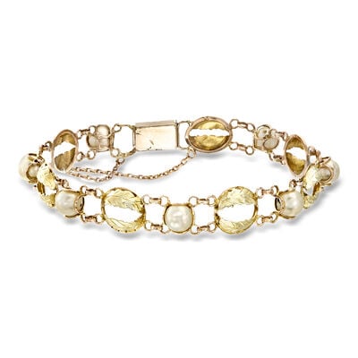 C. 1980 Vintage 6mm Cultured Pearl Leaf Link Bracelet in 14kt Yellow Gold