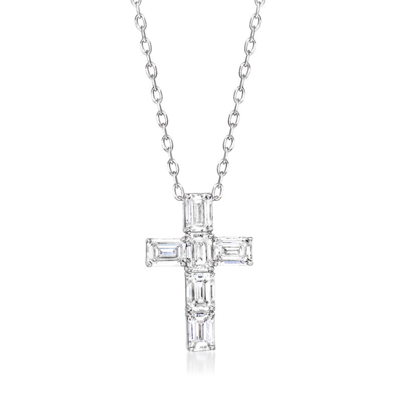 .75 ct. t.w. Emerald-Cut Lab-Grown Diamond Cross Necklace in Sterling Silver. 18" image number 1