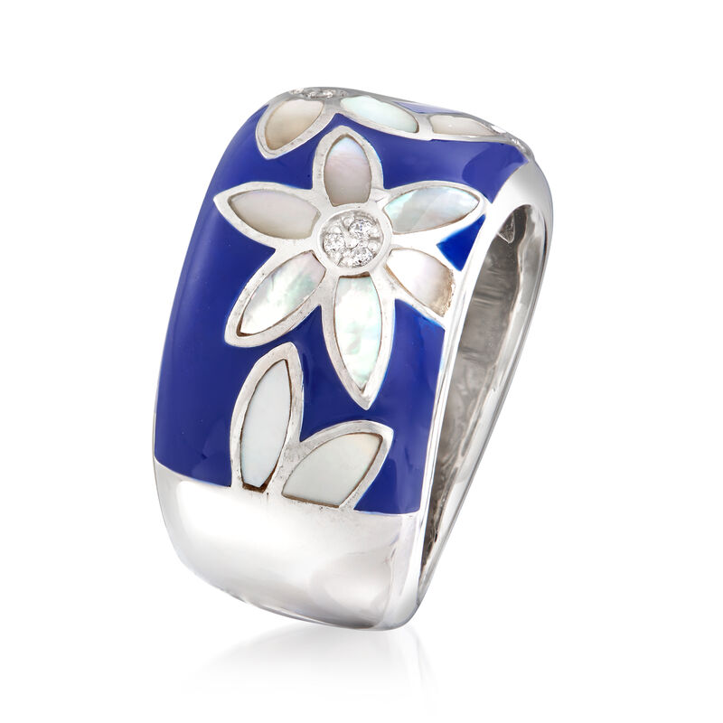 Belle Etoile &quot;Moonflower&quot; Blue Enamel and Mother-of-Pearl Ring with CZ Accents in Sterling Silver. Size 7 image number 2