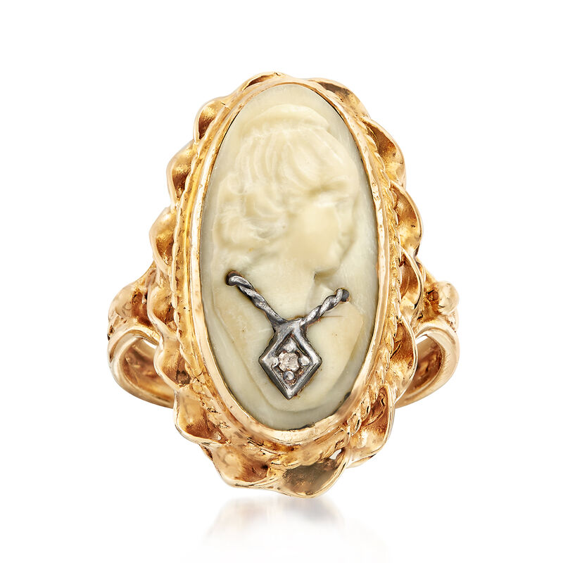 C. 1950 Vintage Shell Cameo Ring with Diamond Accent in 14kt Yellow Gold. Size 5 image number 0