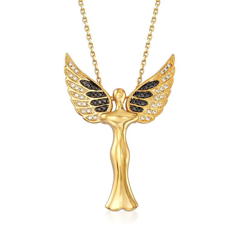 .25 ct. t.w. Black and White CZ Angel Pendant Necklace in 18kt Gold Over Sterling image number 2