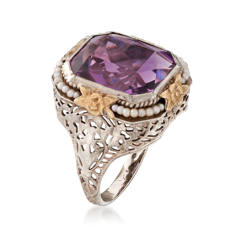 C. 1950 Vintage 7.50 Carat Amethyst Ring with Cultured Seed Pearls in 14kt Two-Tone Gold. Size 6 image number 2