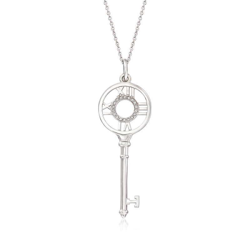 C. 1990 Vintage Tiffany Jewelry .10 ct. t.w. Diamond Atlas Key Pendant Necklace in 18kt White Gold. 18" image number 0