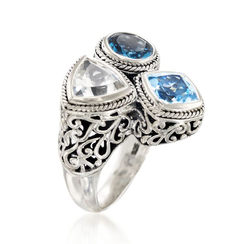 Balinese 5.10 ct. t.w. London Blue and White Topaz Ring in Sterling Silver. Size 6 image number 2