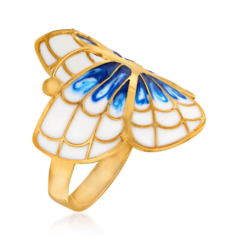 Italian Blue and White Enamel Butterfly Ring in 14kt Yellow Gold image number 2