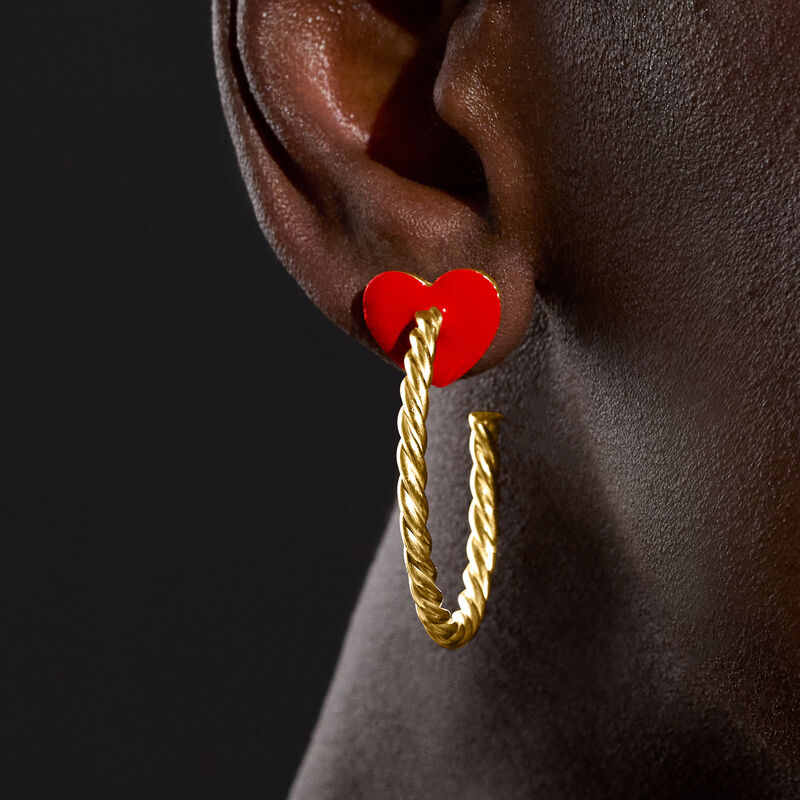 Italian Red Enamel Heart Twisted C-Hoop Earrings in 18kt Gold Over Sterling. 1 1/4&quot; image number 2