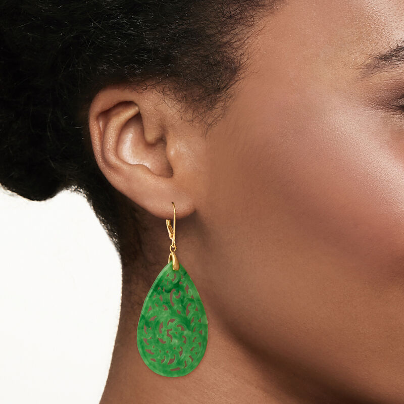 Carved Jade Teardrop Earrings in 18kt Gold Over Sterling  image number 1
