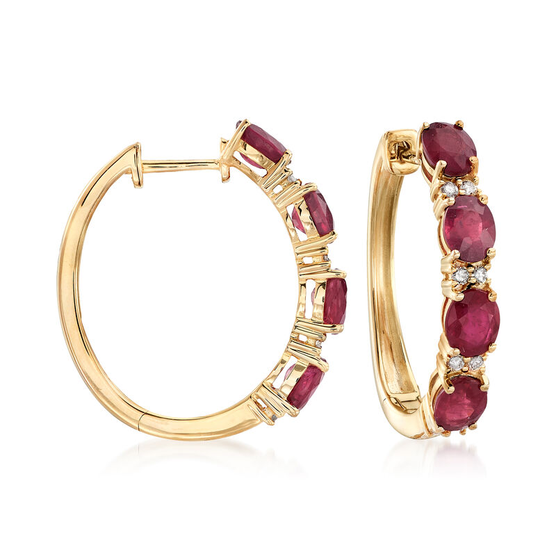 4.00 ct. t.w. Ruby and .19 ct. t.w. Diamond Hoop Earrings in 14kt Yellow Gold image number 0
