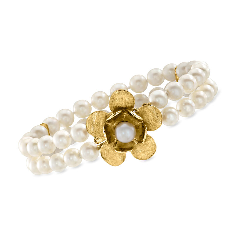 C. 1980 Vintage 6.5-7mm Cultured Pearl Two-Strand Flower Bracelet in 14kt Yellow Gold. 7.75&quot; image number 0