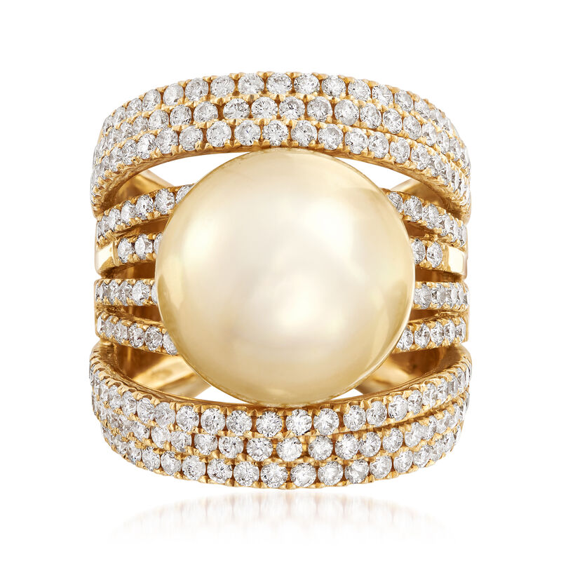 14-15mm Golden Cultured South Sea Pearl and 2.45 ct. t.w. Diamond Ring in 18kt Yellow Gold image number 0