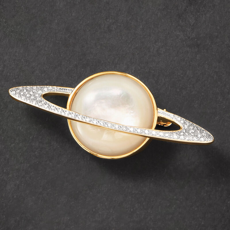 Mother-of-Pearl and .20 ct. t.w. Diamond Planet Pin in 18kt Yellow Gold Over Sterling Silver  image number 3