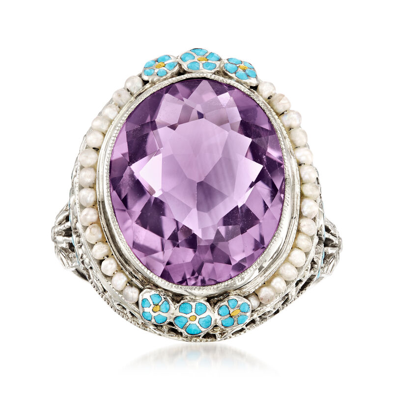 C. 1950 Vintage 6.00 Carat Amethyst Ring with Seed Pearls and Blue Enamel in 14kt White Gold. Size 5.5 image number 0