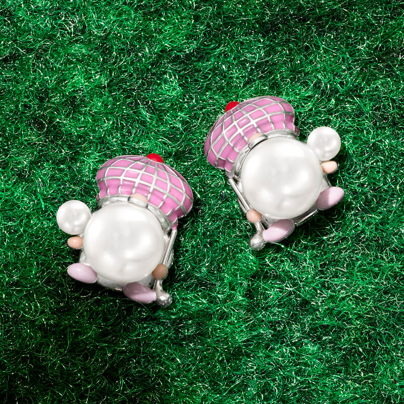 3.5-8.5mm Cultured Pearl and Multicolored Enamel Golfer Gnome Earrings in Sterling Silver  image number 2