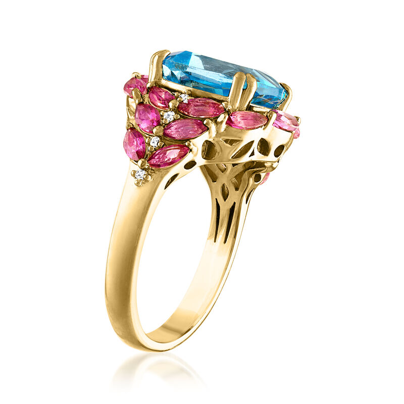 5.00 Carat Swiss Blue Topaz Ring with 2.40 ct. t.w. Pink Topaz and Diamond Accents in 18kt Gold Over Sterling image number 1
