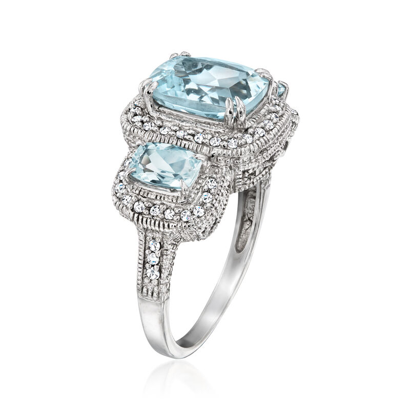 C. 1990 Vintage 4.25 ct. t.w. Aquamarine Three-Stone Ring with .40 ct. t.w. Diamonds in 14kt White Gold. Size 8.5 image number 2